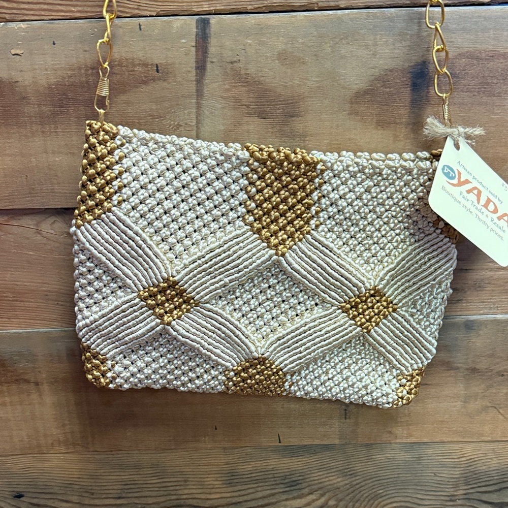 Elegant Fair Trade Woven Clutch, Crossbody Bag in Cream and Gold